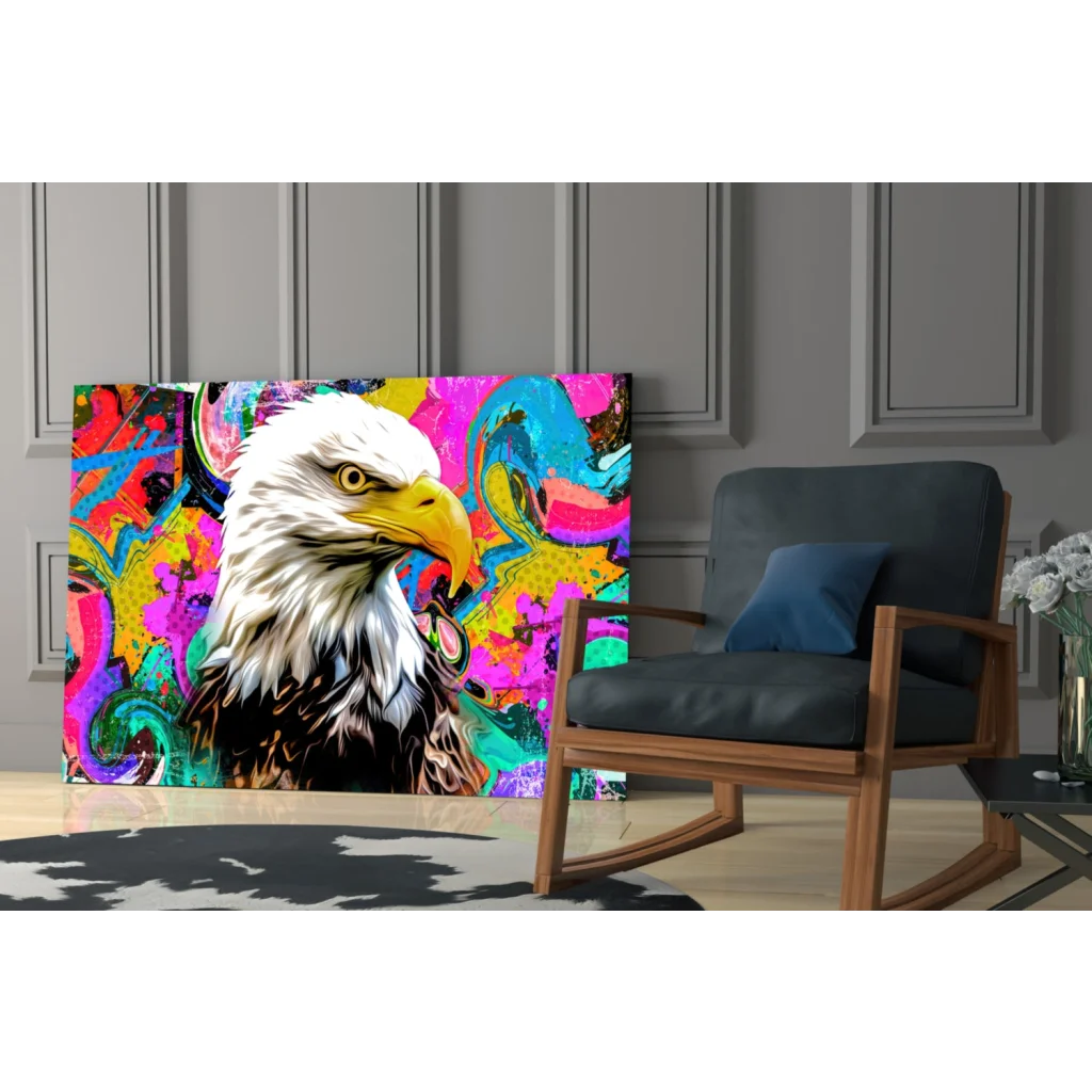 Psychedelic eagle glass wall art with neon swirls