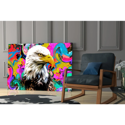 Psychedelic eagle glass wall art with neon swirls