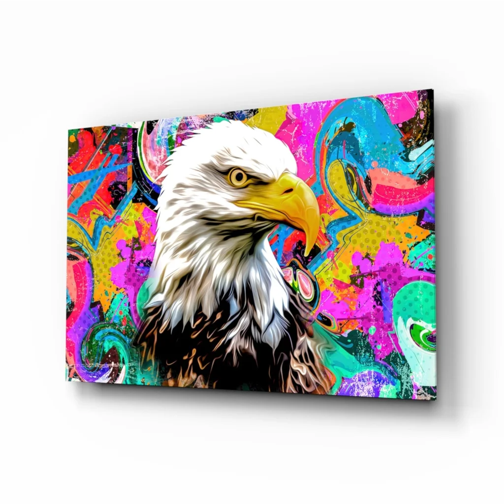 Psychedelic Eagle Glass Wall Art with Neon Swirls | Insigneart USA | vintageantiquesgifts.com