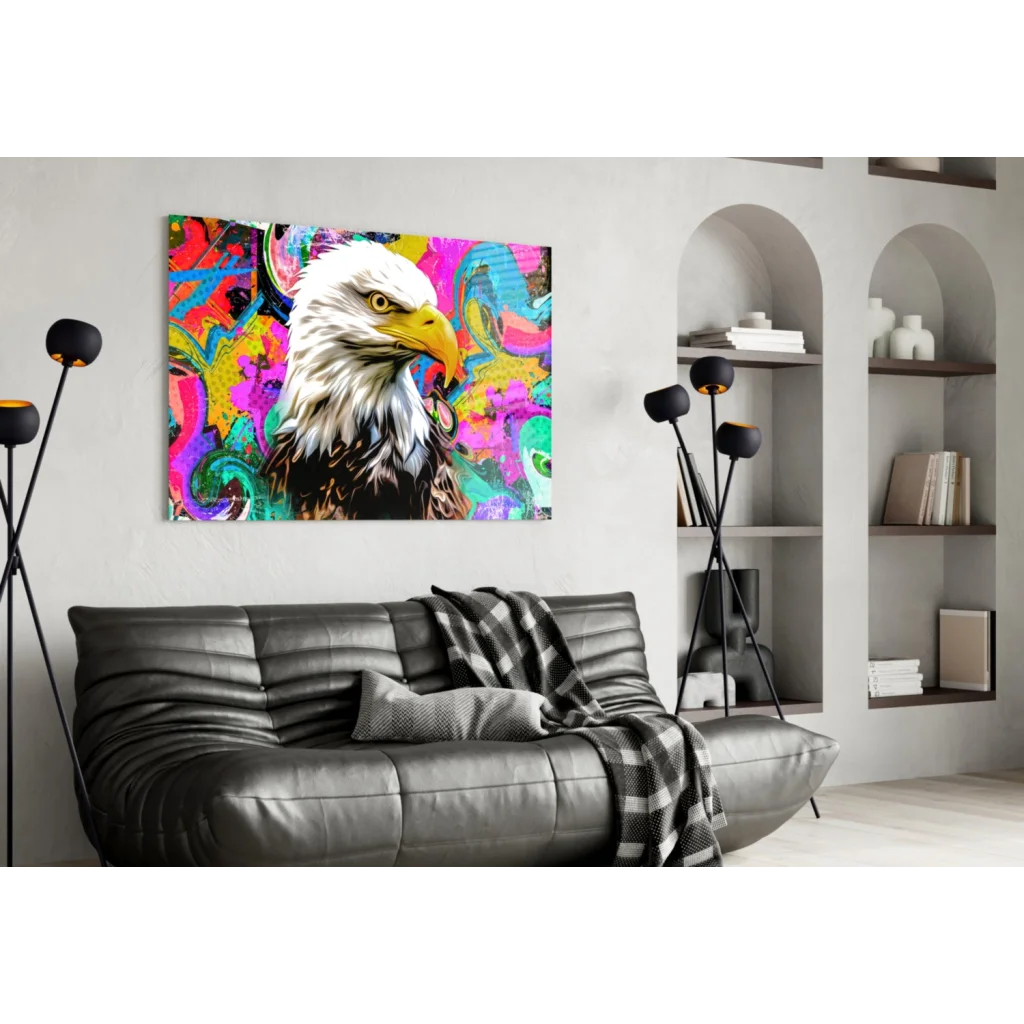 Psychedelic Eagle Glass Wall Art with Neon Swirls | Contemporary Home Wall Art | vintageantiquesgifts.com