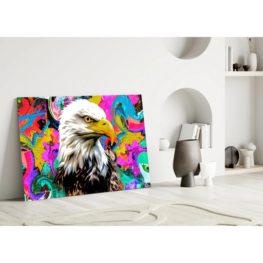 Psychedelic Eagle Glass Wall Art with Neon Swirls | Modern Wall Art Decor | vintageantiquesgifts.com