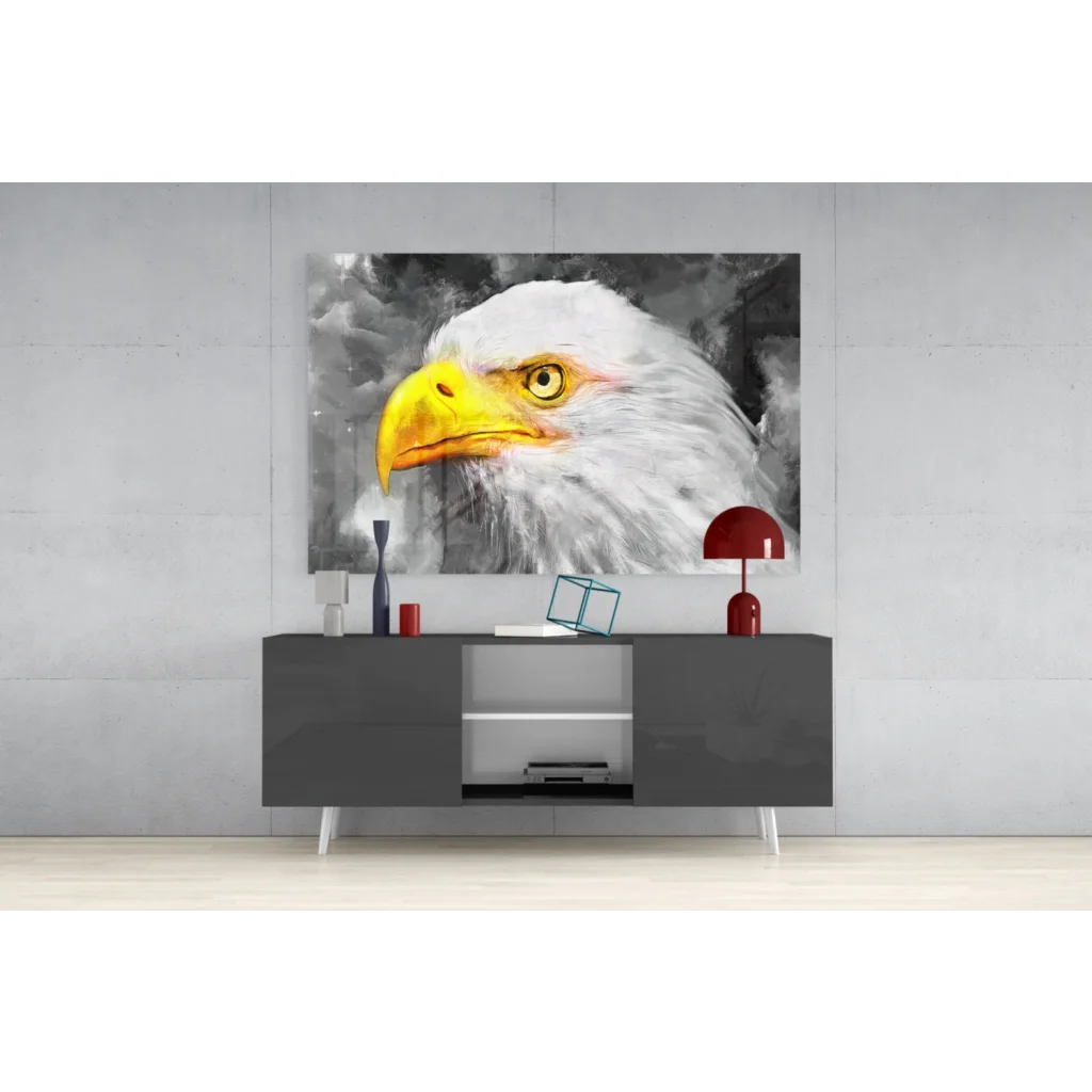 Majestic bald eagle wall art canvas print with piercing yellow eyes