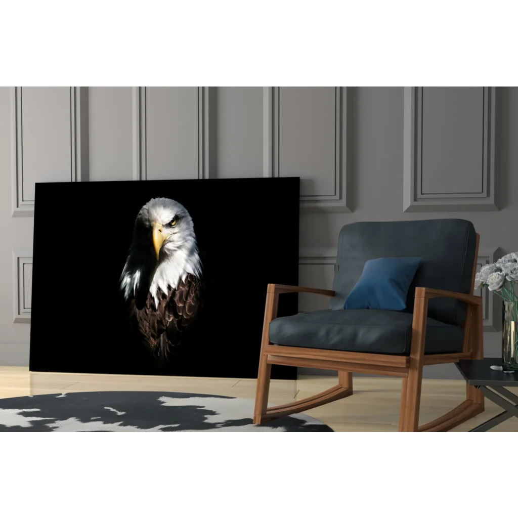Majestic eagle portrait on black canvas wall art with bold frame