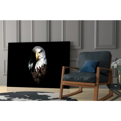 Majestic eagle portrait on black canvas wall art with bold frame
