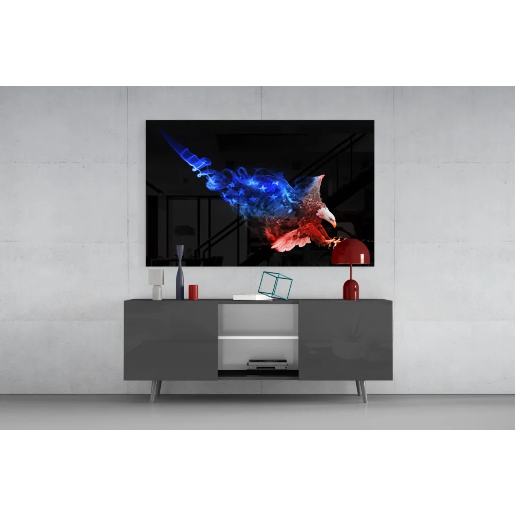 Patriotic smoke eagle wall art: soaring abstract eagle with blue red wings on black
