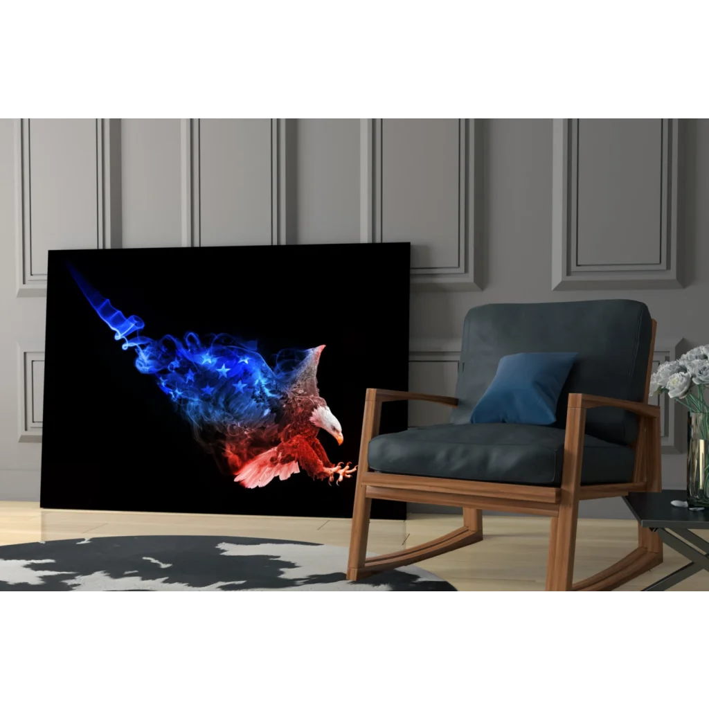Patriotic smoke eagle canvas wall art in red white blue on black