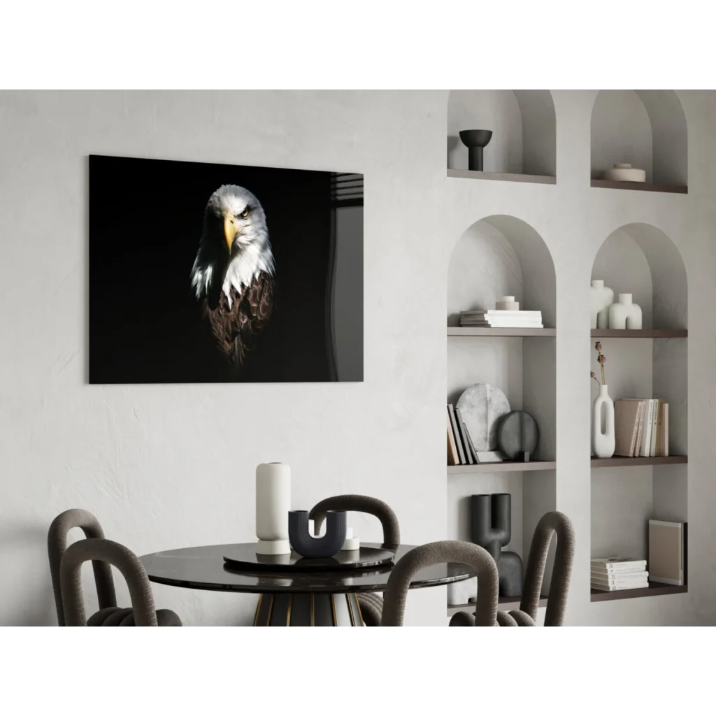 Majestic eagle canvas wall art in bold black frame, striking close-up