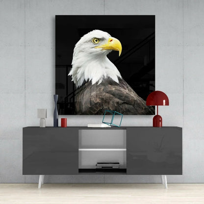 Majestic bald eagle glass wall art print on gray console