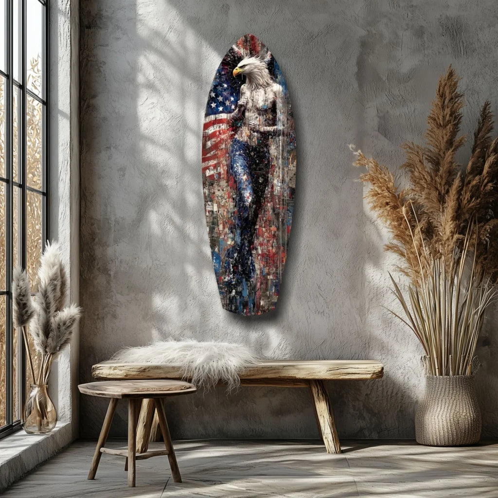 Patriotic eagle tempered glass art surfboard with flag design