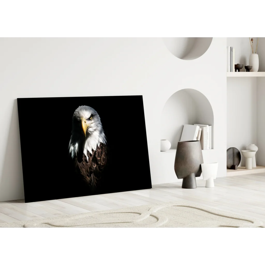 Majestic eagle canvas wall art with bold black frame and sharp yellow beak