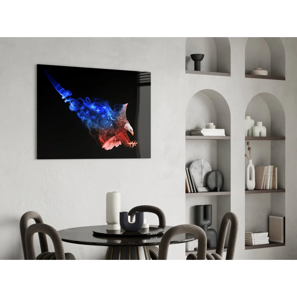 Patriotic smoke eagle glass wall art with swirling blue and red hues on black