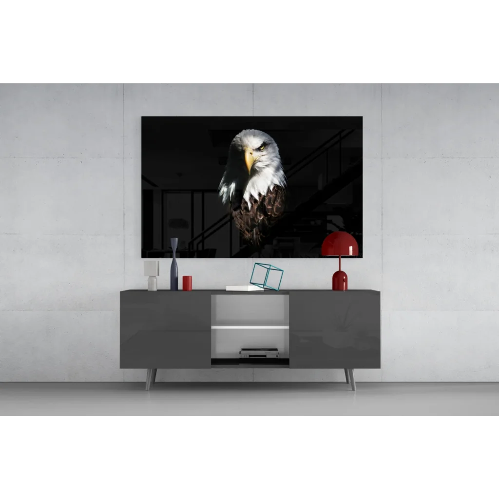 Majestic bald eagle head black-and-white wall art print in bold black frame