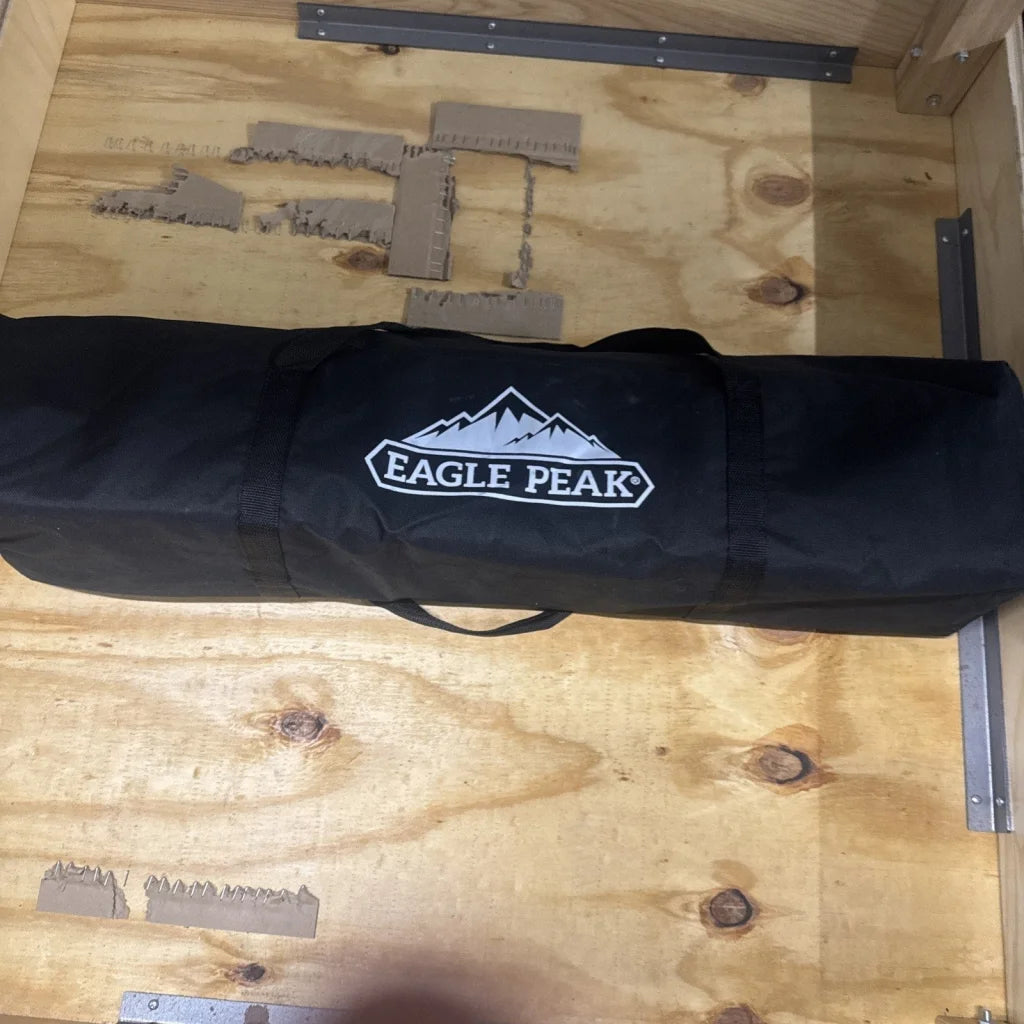 Eagle Peak canopy tent frame carry bag with black design and white mountain logo