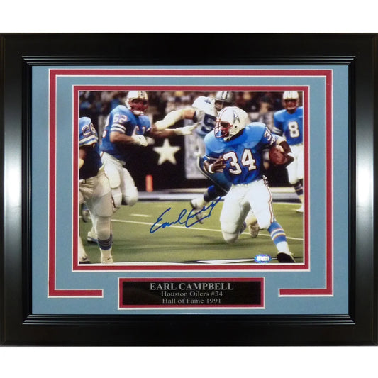 Framed 8x10 photo of Earl Campbell in Houston Oilers uniform, autographed