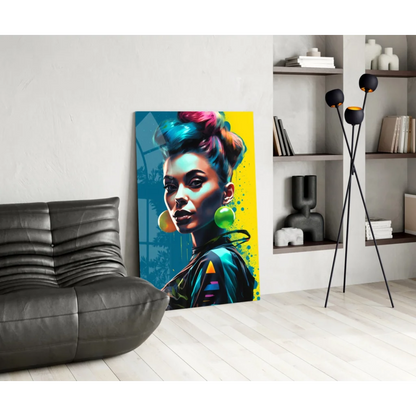 Vibrant neon pop art woman on glass wall art with multicolored hair and bold green earrings