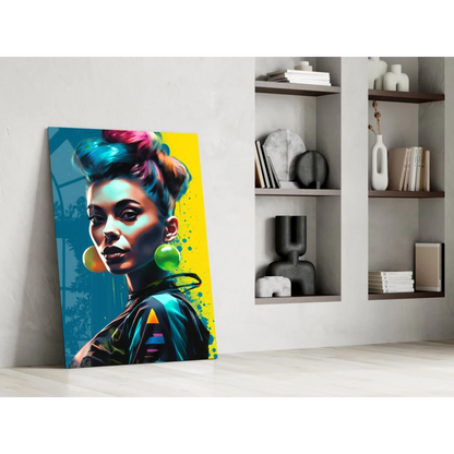 Vibrant neon pop art woman on glass wall art with bold colors
