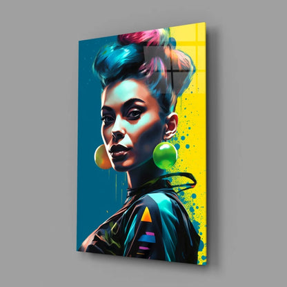 Neon Pop Art Woman Glass Wall Art with Bold Colors | Glass Wall Art Print | vintageantiquesgifts.com