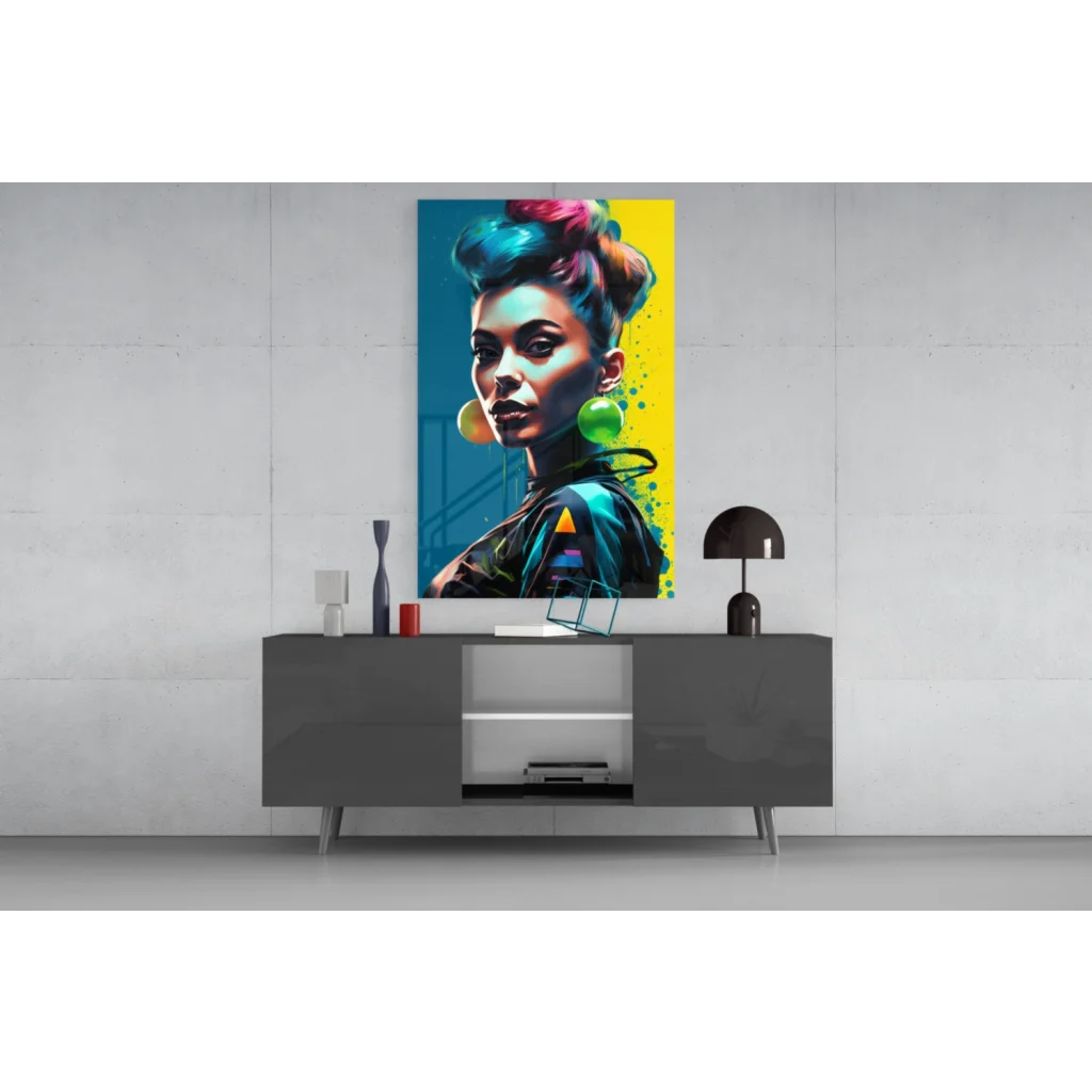 Vibrant neon pop art woman on glass wall art with bold colors