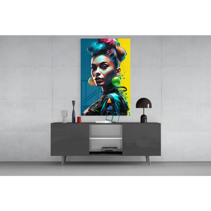 Vibrant neon pop art woman on glass wall art with bold colors