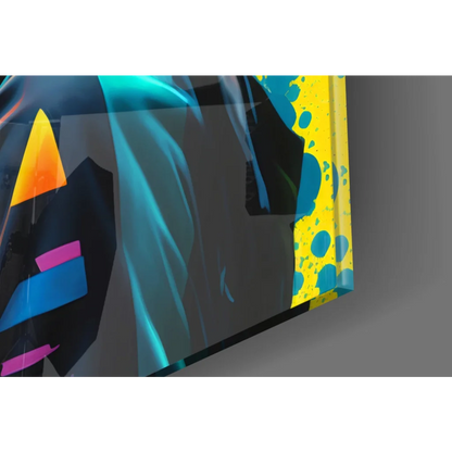 Vibrant neon pop art woman on glass wall art with bold geometric shapes