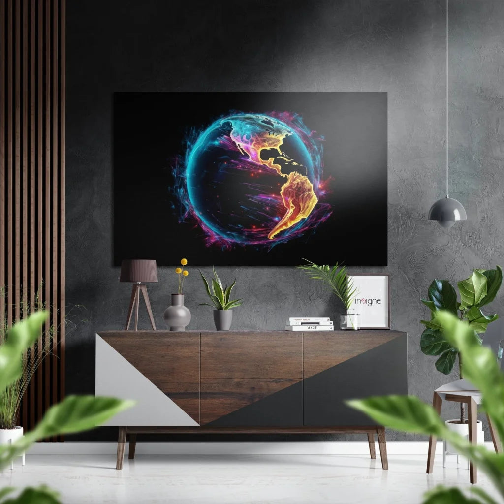 Vibrant neon globe on brushed aluminium dibond wall art