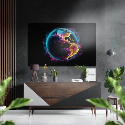 Vibrant neon globe on brushed aluminium dibond wall art