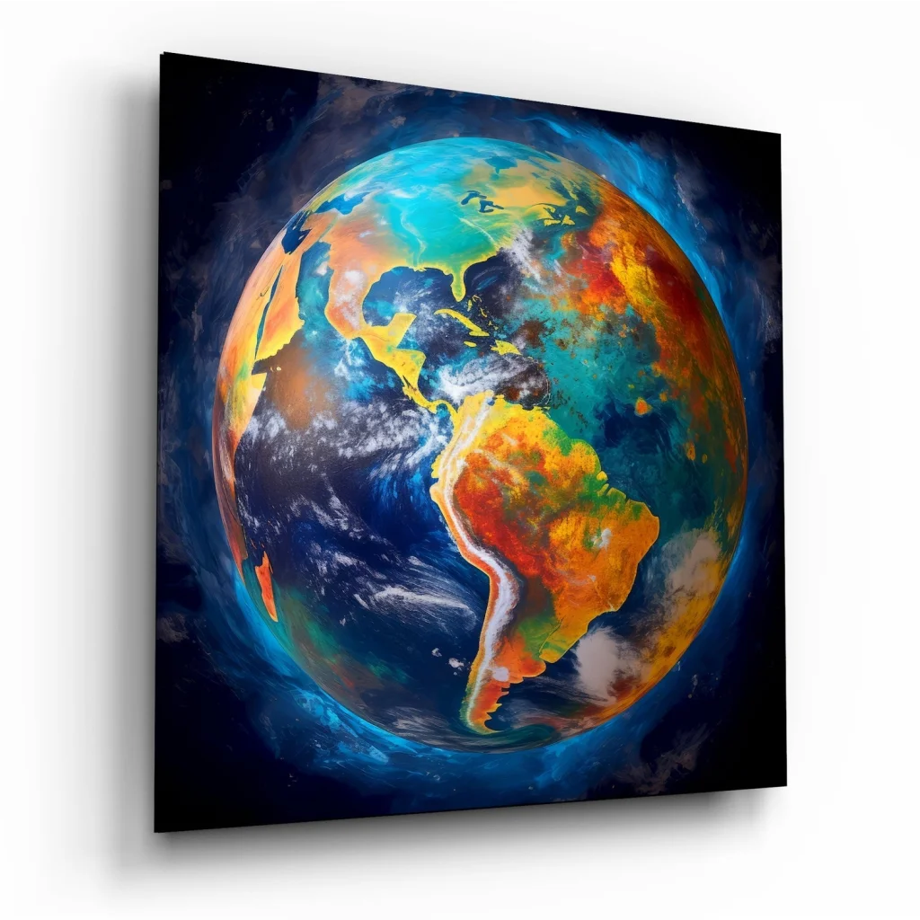 Vibrant cosmic earth tempered glass art print with swirling blues, oranges, greens
