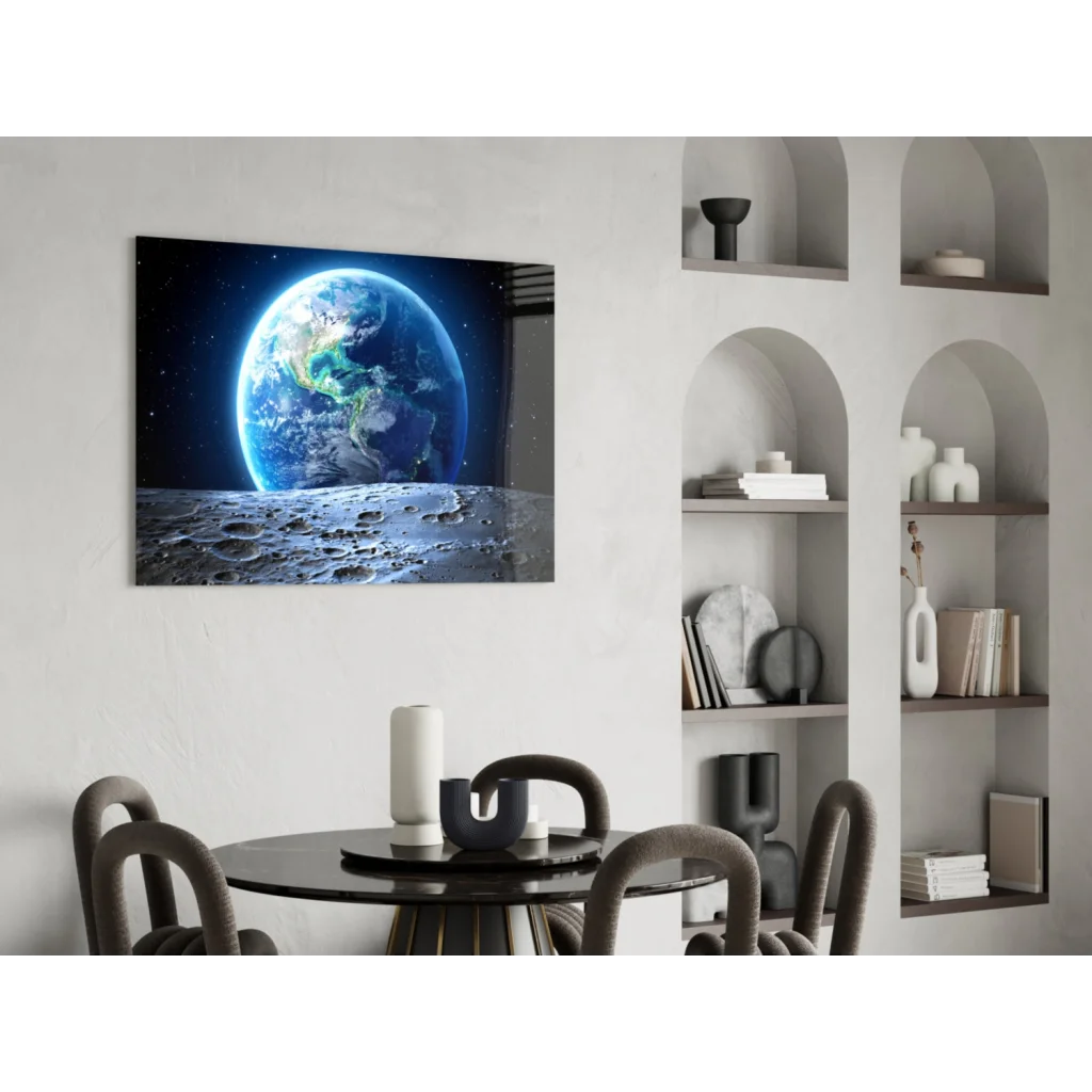 Vibrant blue Earth glass wall art print on canvas, starry space backdrop