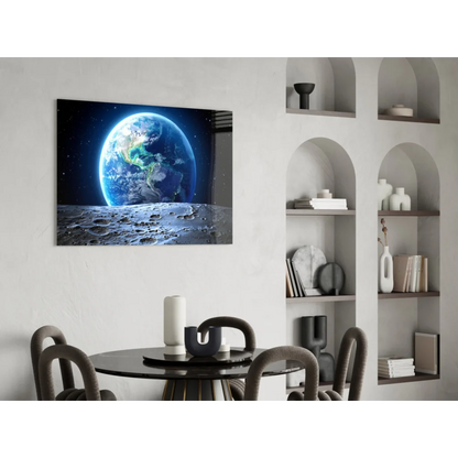 Vibrant blue Earth glass wall art print on canvas, starry space backdrop