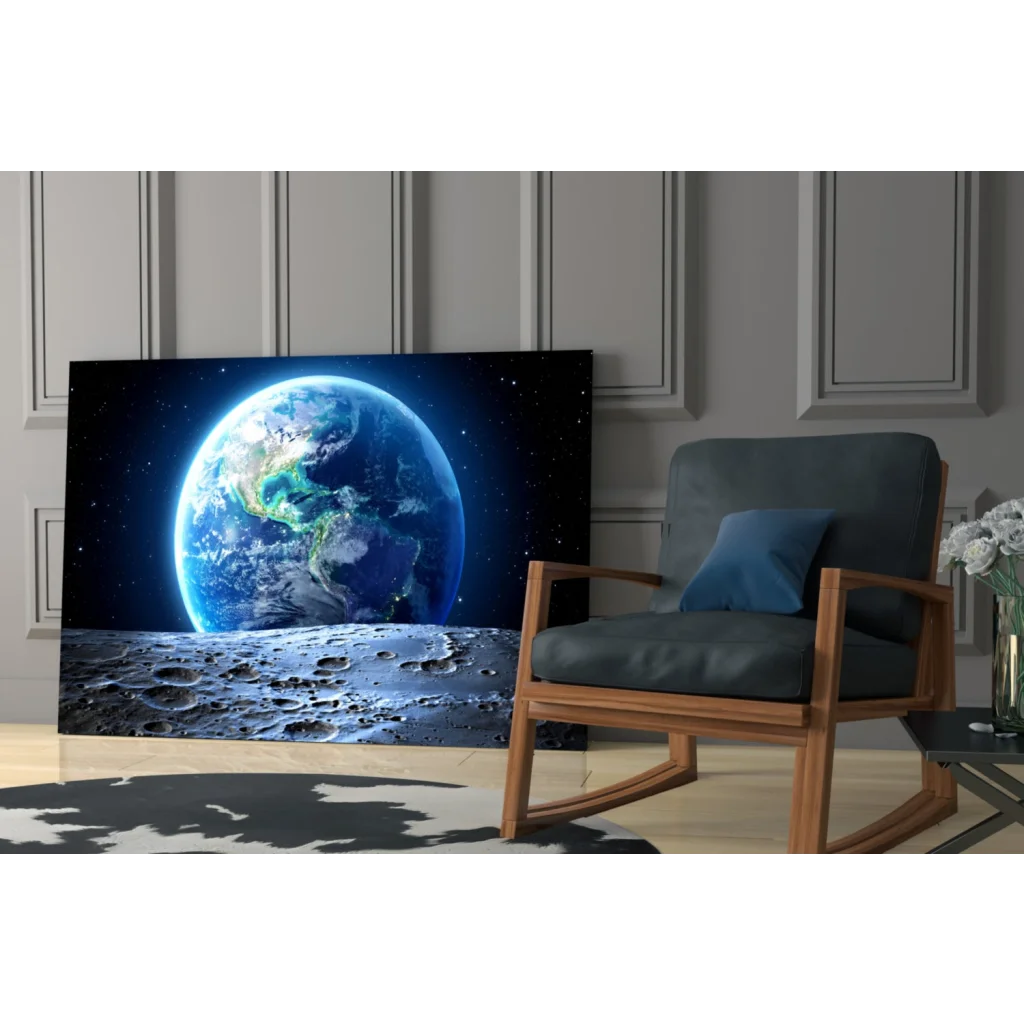Vibrant blue Earth on lunar surface, stunning glass wall art print