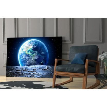 Vibrant blue Earth on lunar surface, stunning glass wall art print