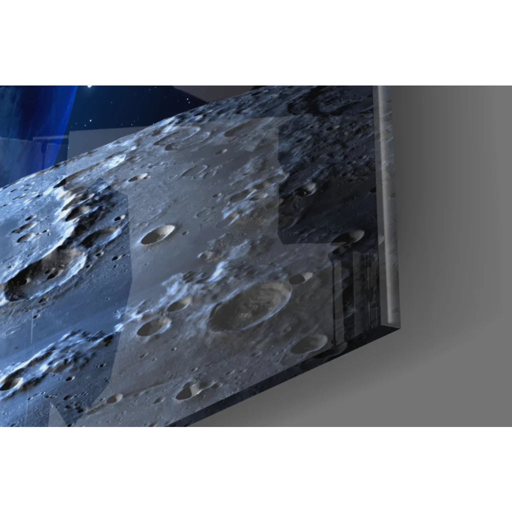 Sleek black-framed glass wall art of realistic lunar craters