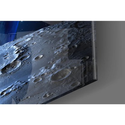 Sleek black-framed glass wall art of realistic lunar craters