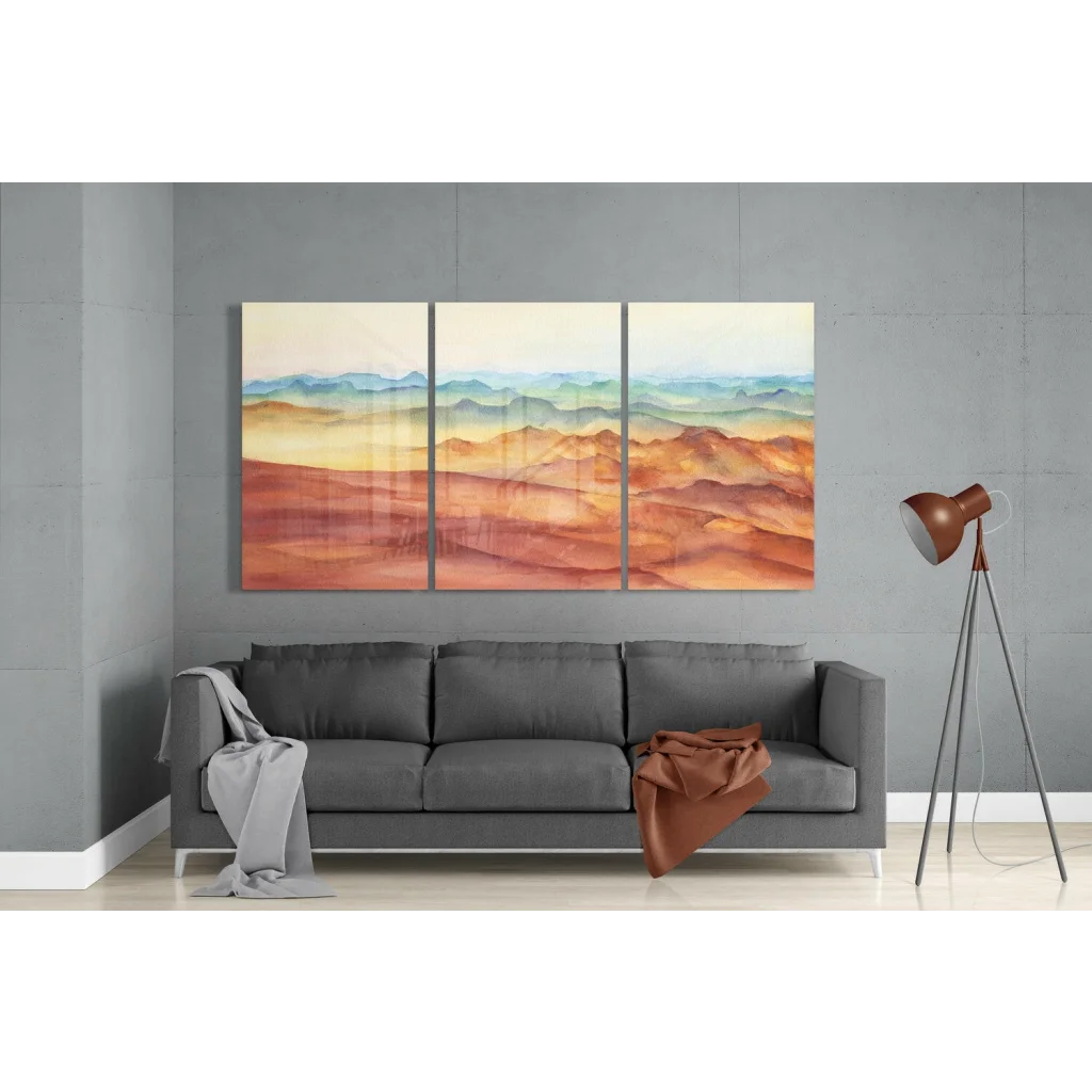Layered mountain sunset watercolor triptych wall art in orange, red, blue hues