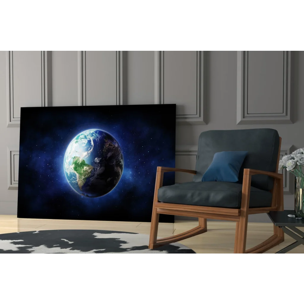 Vivid Earth from space canvas wall art with starry cosmic backdrop