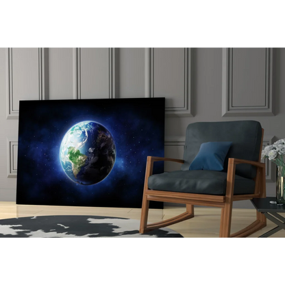 Vivid Earth from space canvas wall art with starry cosmic backdrop