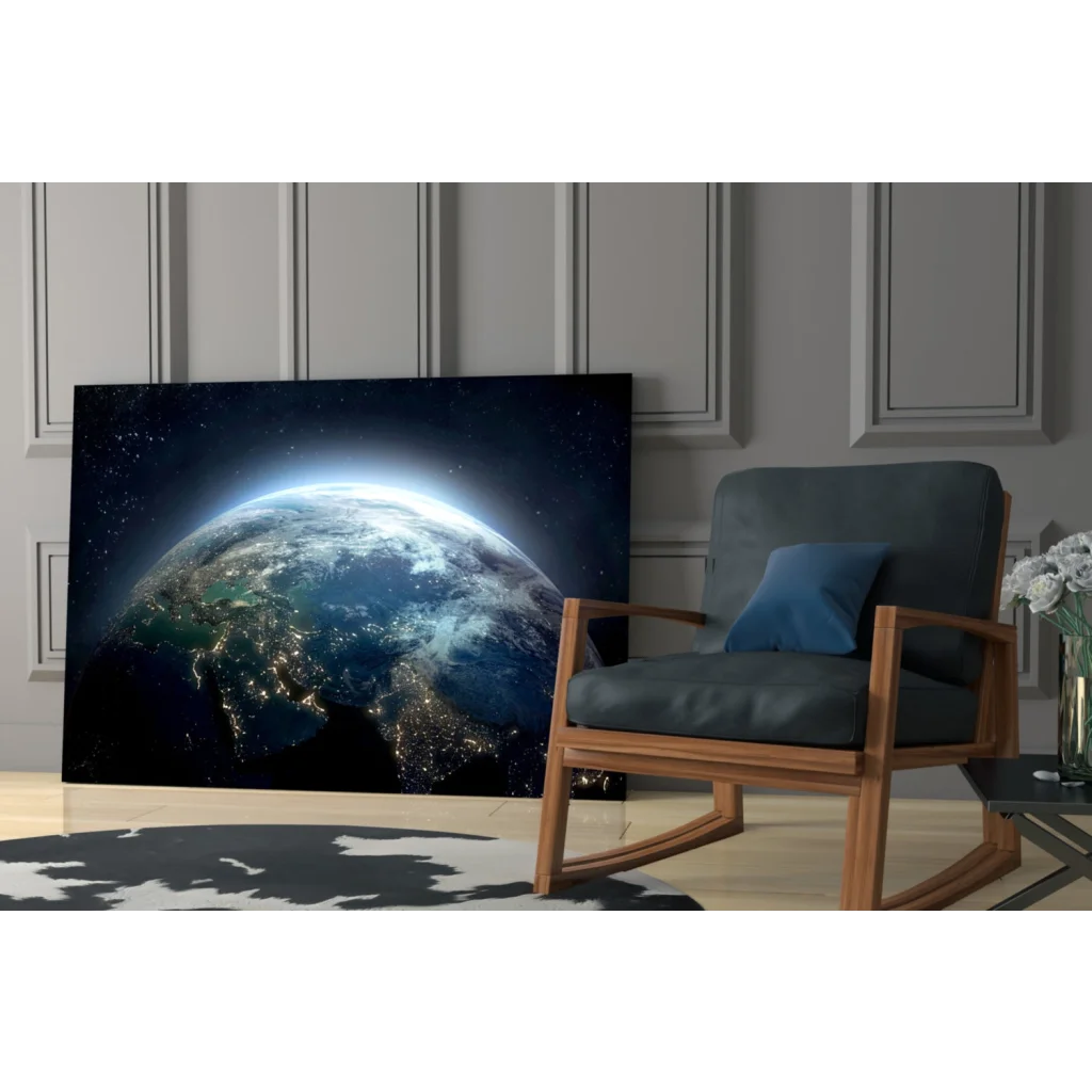 Sleek black and blue Earth night view wall art canvas print on gray wall
