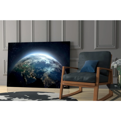 Sleek black and blue Earth night view wall art canvas print on gray wall