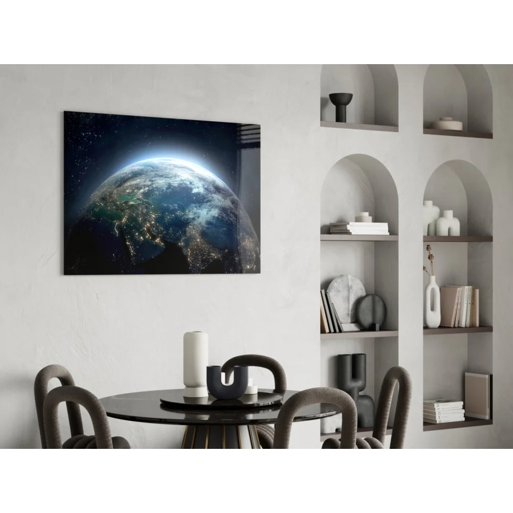 Black and white canvas wall art of Earth from space with glowing cities