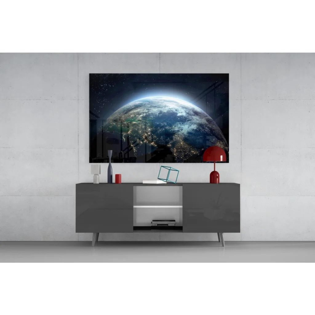 Sleek gray console table with minimalist legs under Earth From Space glowing cities wall art canvas print