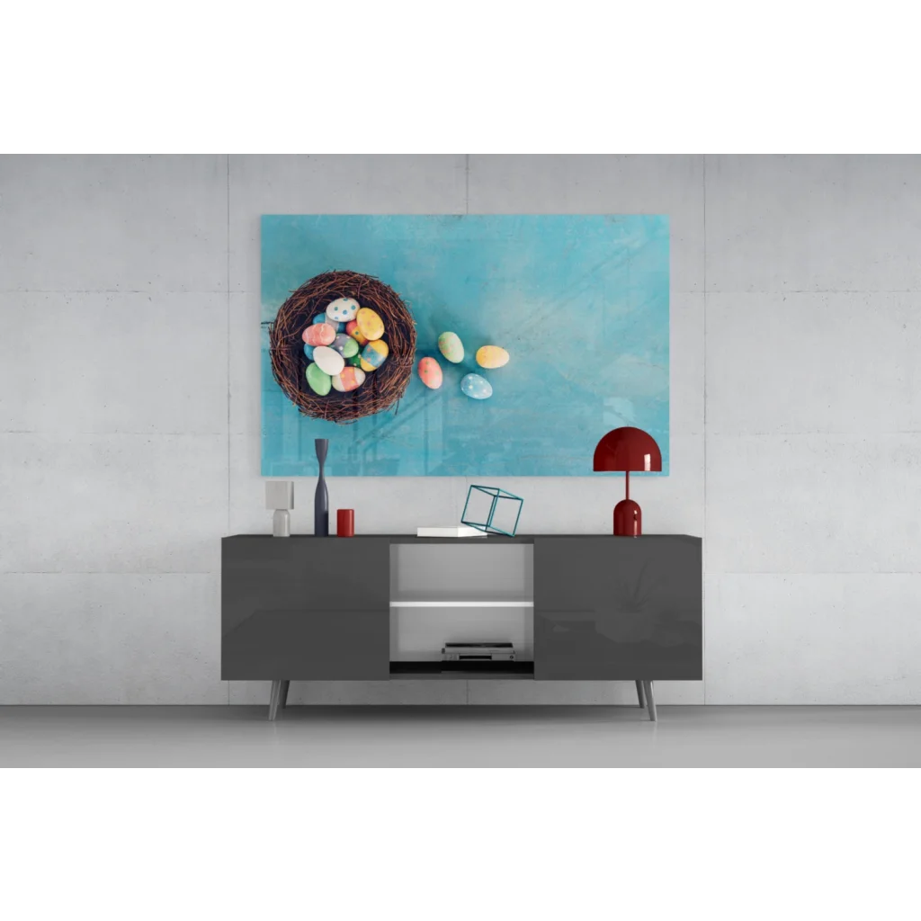 Vibrant glass wall art of blue nest with colorful Easter eggs