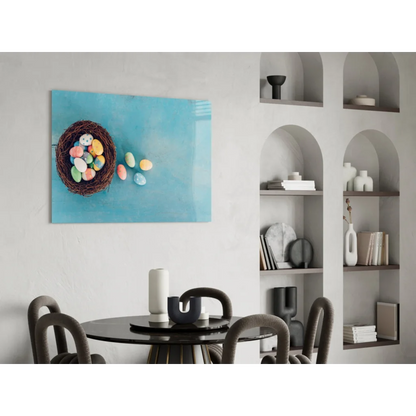 Vibrant glass wall art of woven nest with colorful Easter eggs on blue gradient