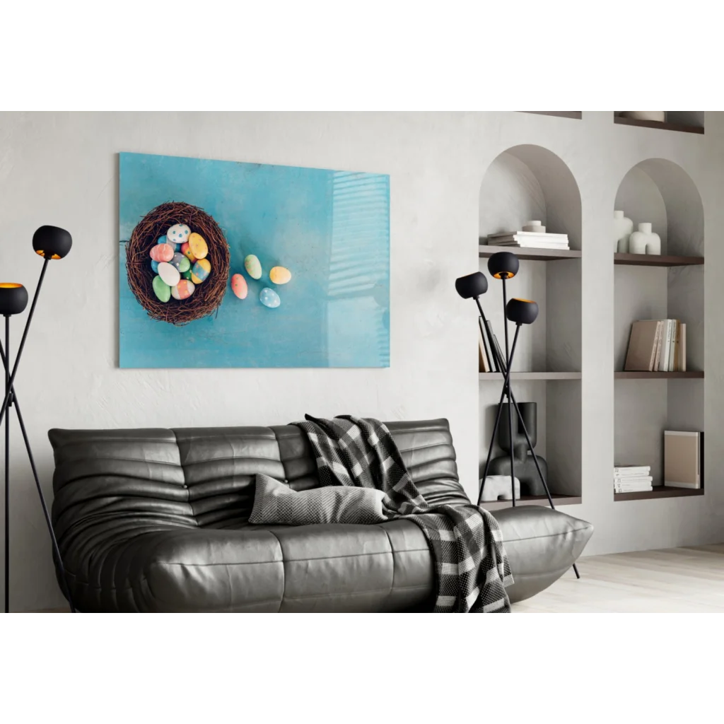Vibrant glass wall art of woven nest with colorful Easter eggs