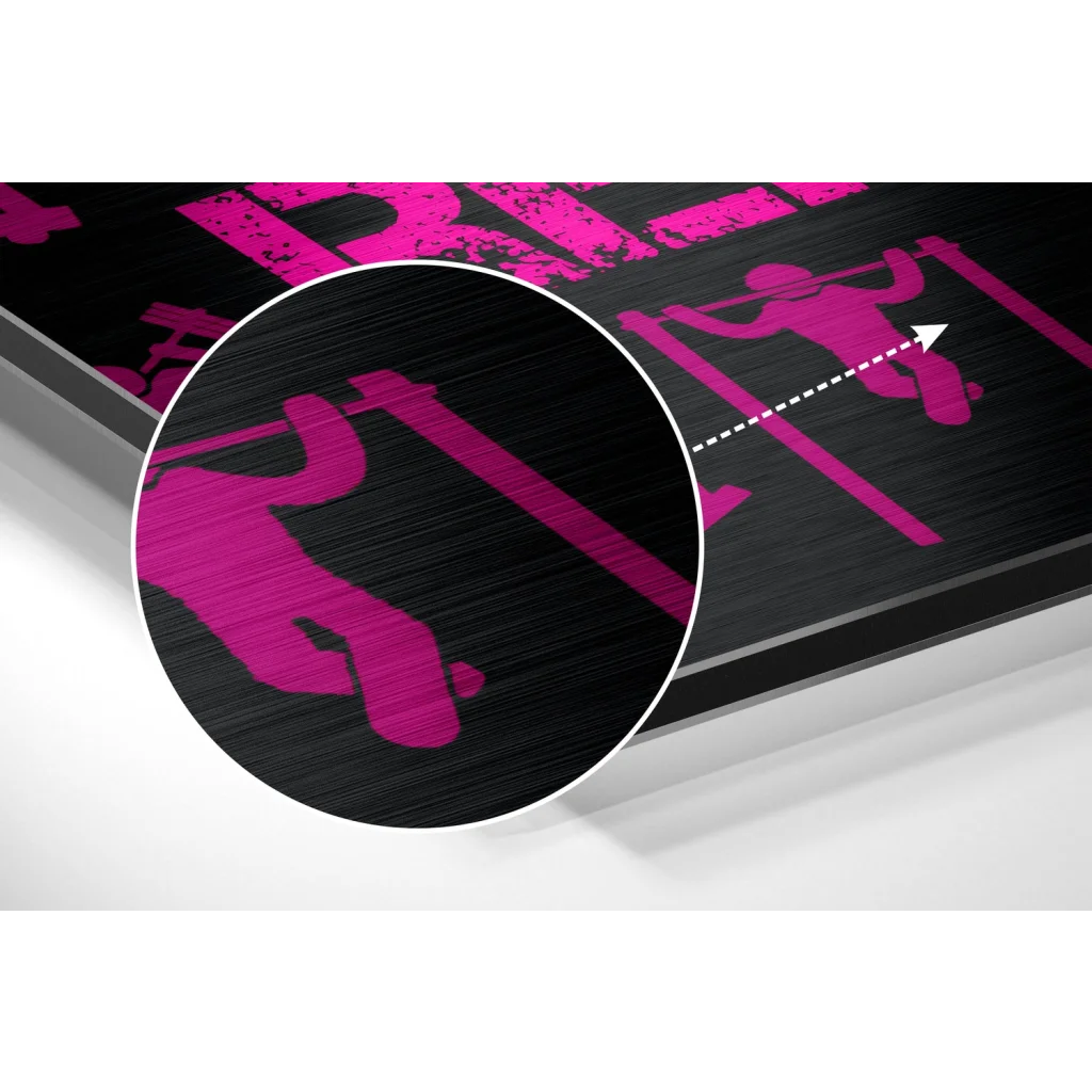 Black metal plaque with vibrant pink gym silhouette on brushed aluminium dibond