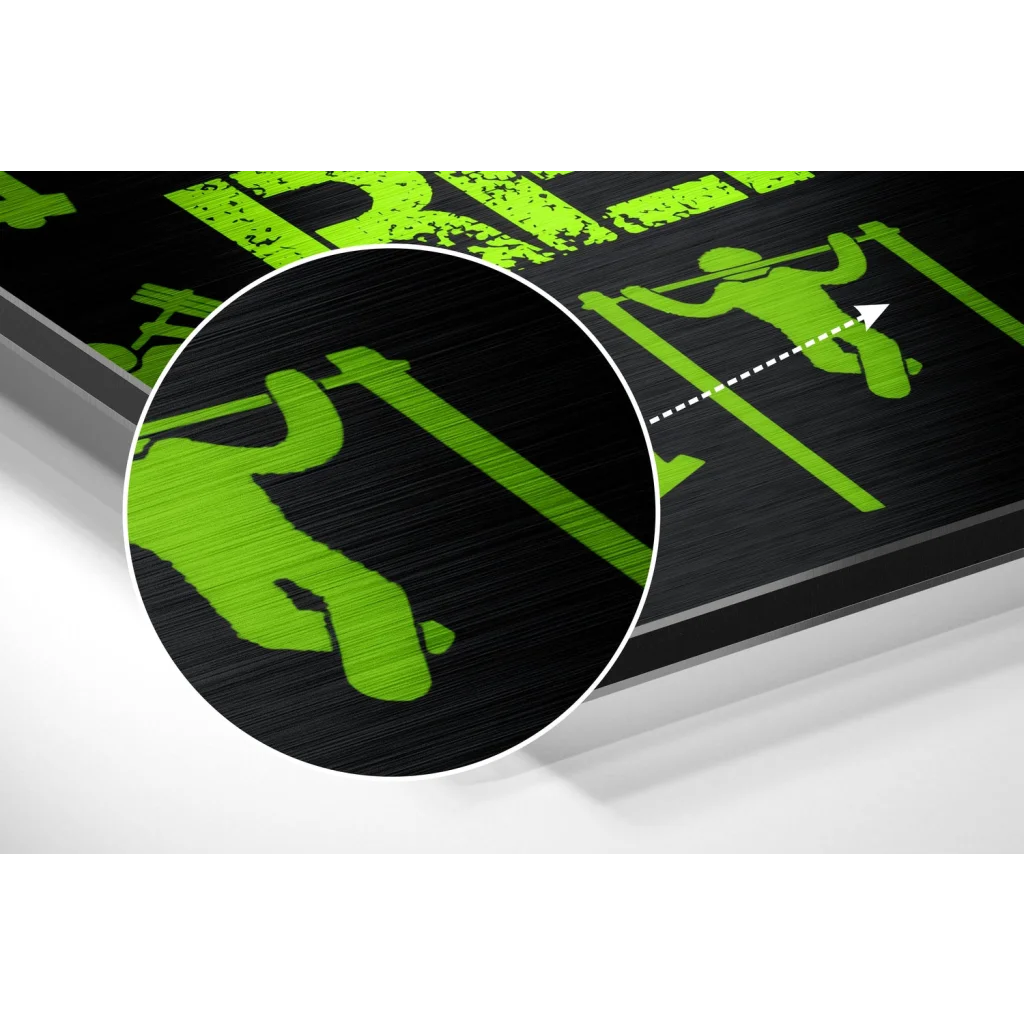 Neon green gym silhouette on brushed aluminium dibond plaque
