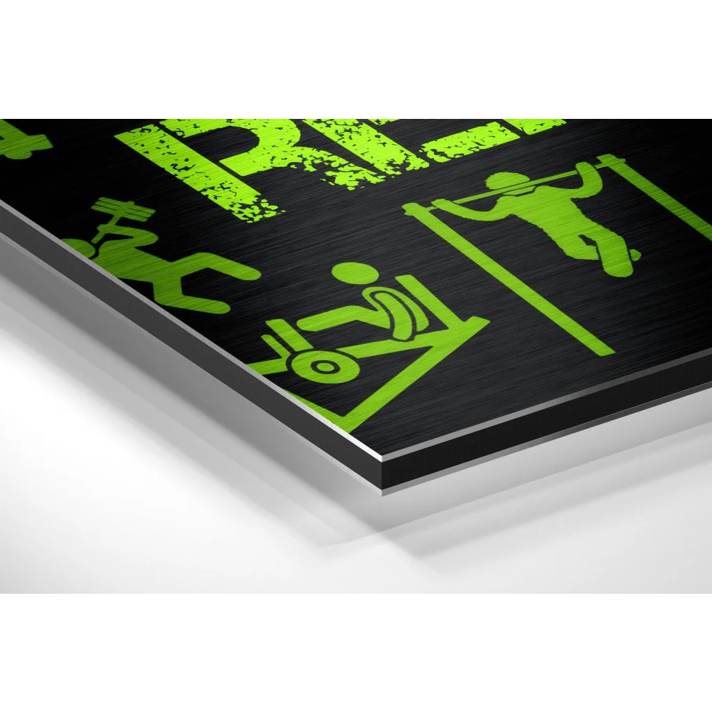 Vibrant neon green gym fitness silhouettes on brushed aluminium dibond wall art