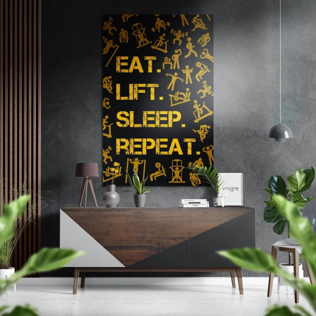 Bold gold Eat text on black canvas gym motivation brushed aluminium dibond wall art