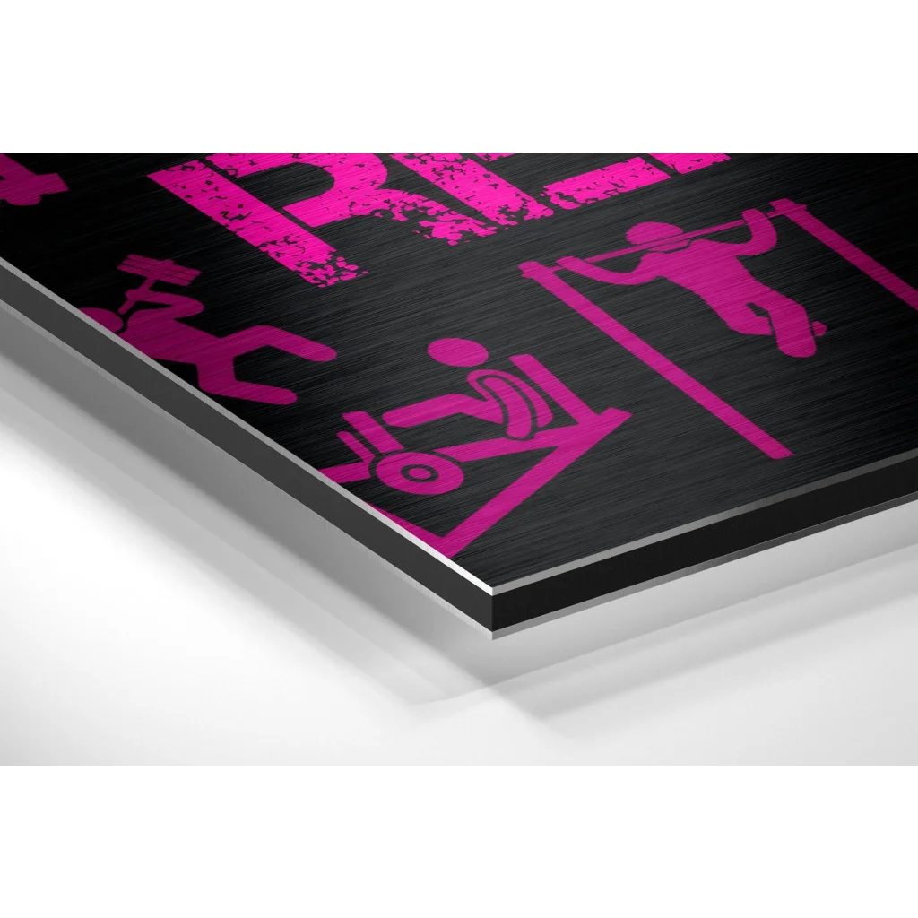 Vibrant pink fitness silhouettes on brushed aluminium dibond print