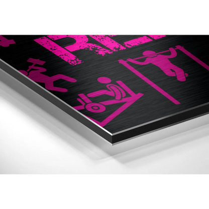 Vibrant pink fitness silhouettes on brushed aluminium dibond print