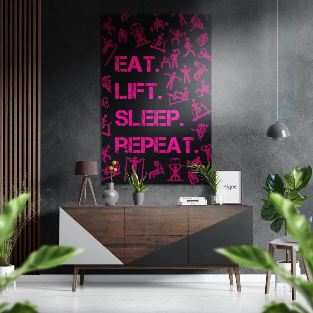 Bold pink Eat text on black canvas, brushed aluminium dibond gym art